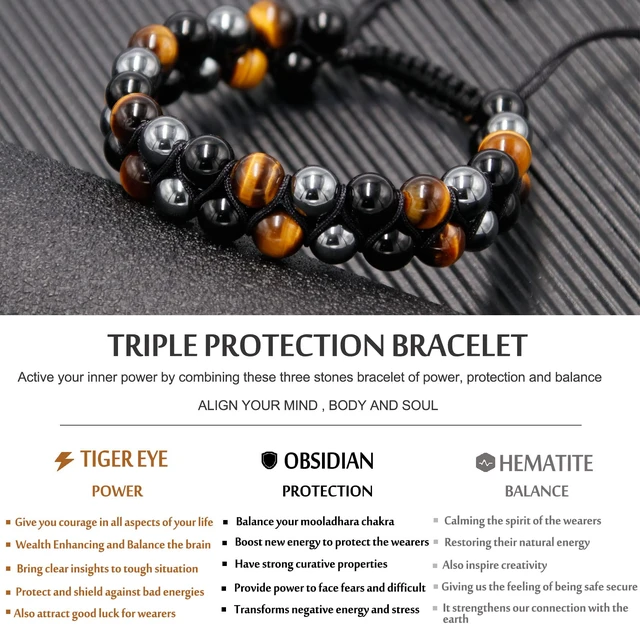 Alt view image 7 of 7 - Triple Protection Bracelet for Men - Genuine Tigers Eye Black Obsidian Hematite 8mm Natural Stone Beads Stretchy Healing Crystal Jewelry, Anxiety Relief Energy, Ideal for Dad Christmas Birthday