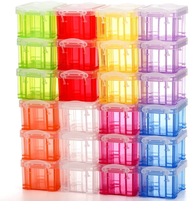 Main image of 24 Pack Mini Plastic Storage Bins with Lid, 3.3"×2.6"×2" Clear Latch Small Storage Box, Stackable Organizer Container for Crafts, Jewelry Beads, Office Supplies, 8 Colors