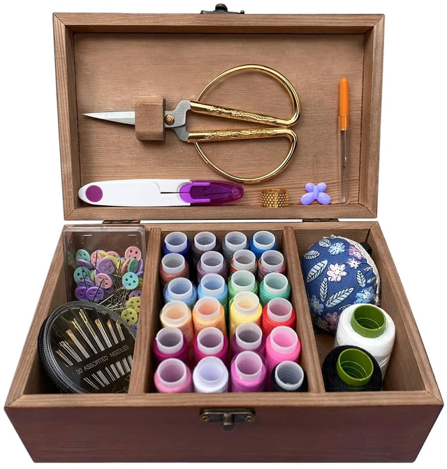 Main image of Wooden Sewing Kit Box with Cute Sewing Accessories, Sewing Basket Kit for Adults Beginners Kids Girls, Home Hand Sewing Starter Kit