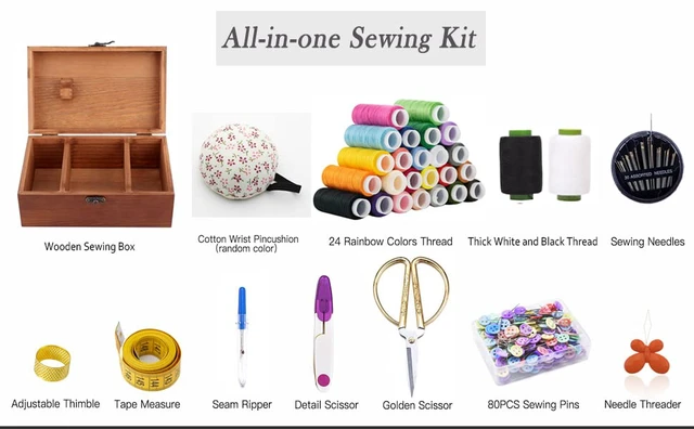 Alt view image 3 of 7 - Wooden Sewing Kit Box with Cute Sewing Accessories, Sewing Basket Kit for Adults Beginners Kids Girls, Home Hand Sewing Starter Kit