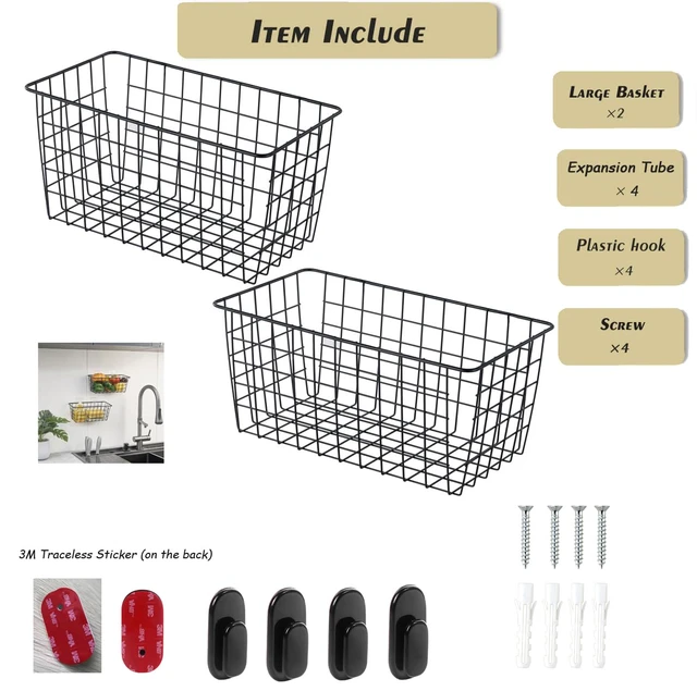 Alt view image 3 of 7 - 2 PackExtra LargeHanging Kitchen Basket,Wire Storage Basket,with Traceless Tape and 3M High-Strength Plastic Hooks,no Drilling,for Cabinet Storage,Kitchen,Bathroom,Storage Room,large capacity