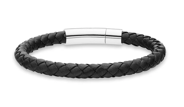 Main image of Genuine Italian Braided Leather Bracelet for Men, Stainless Steel Clasp, Made in Italy (Black, Medium - 8" Length)