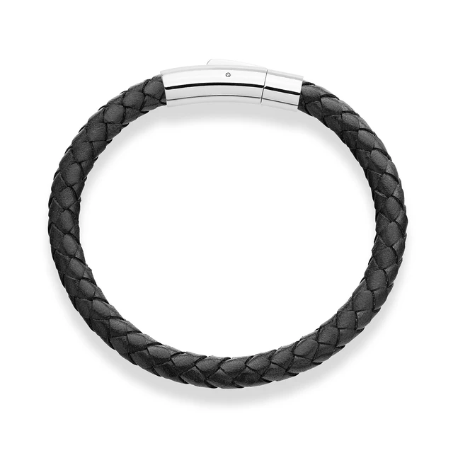 Alt view image 2 of 5 - Genuine Italian Braided Leather Bracelet for Men, Stainless Steel Clasp, Made in Italy (Black, Medium - 8" Length)