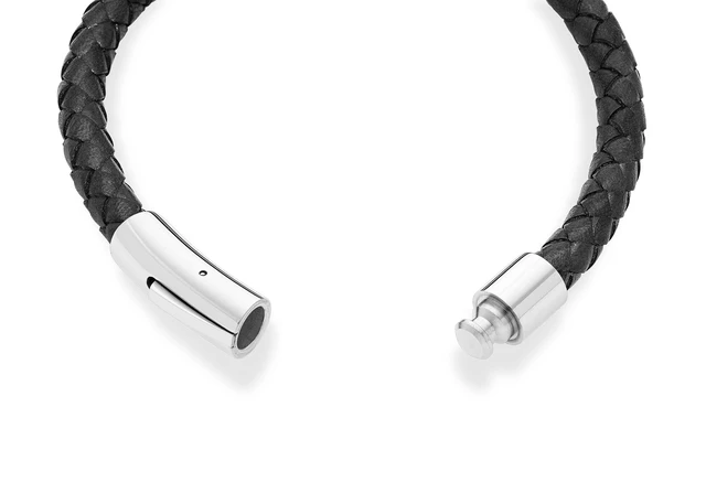 Alt view image 3 of 5 - Genuine Italian Braided Leather Bracelet for Men, Stainless Steel Clasp, Made in Italy (Black, Medium - 8" Length)
