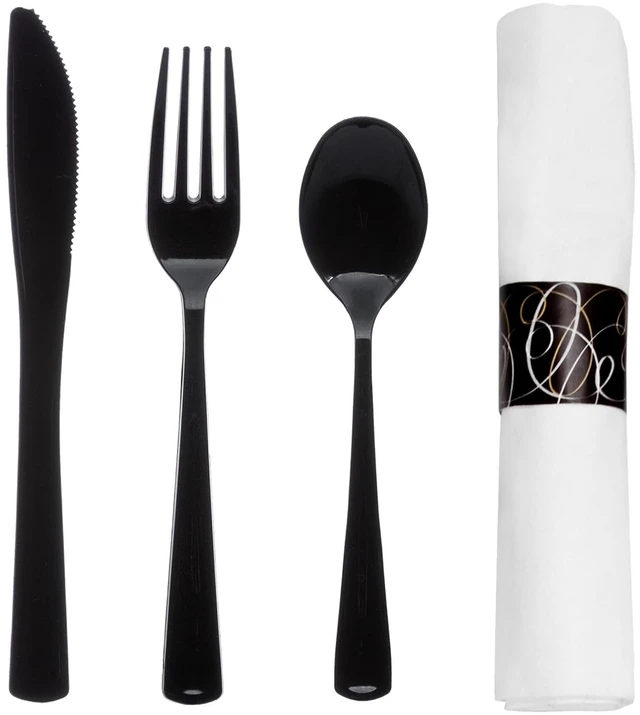 Main image of Pre-Rolled Disposable Heavy Duty Plastic Cutlery Kit w/ Black Fork/Knife/Spoon & White Napkin (Case of 100)