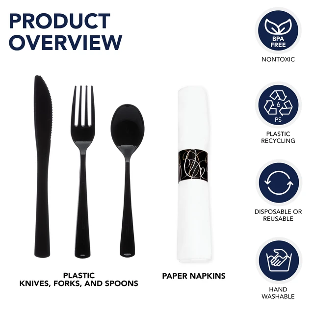 Alt view image 2 of 7 - Pre-Rolled Disposable Heavy Duty Plastic Cutlery Kit w/ Black Fork/Knife/Spoon & White Napkin (Case of 100)