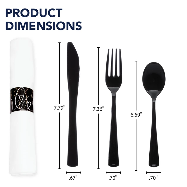 Alt view image 3 of 7 - Pre-Rolled Disposable Heavy Duty Plastic Cutlery Kit w/ Black Fork/Knife/Spoon & White Napkin (Case of 100)