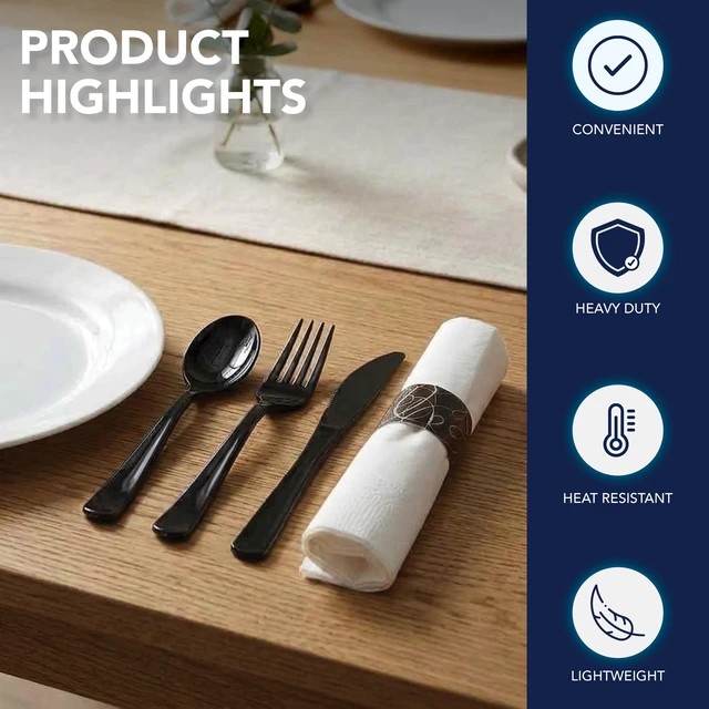 Alt view image 4 of 7 - Pre-Rolled Disposable Heavy Duty Plastic Cutlery Kit w/ Black Fork/Knife/Spoon & White Napkin (Case of 100)
