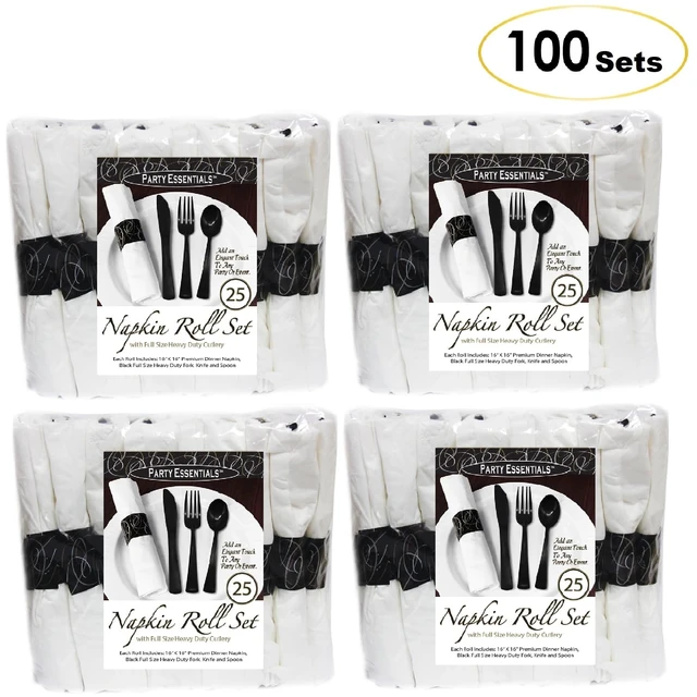 Alt view image 5 of 7 - Pre-Rolled Disposable Heavy Duty Plastic Cutlery Kit w/ Black Fork/Knife/Spoon & White Napkin (Case of 100)