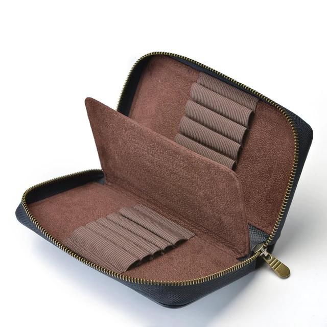 Alt view image 3 of 4 - Fountain Pen Case Genuine Leather Pen Case 10 Divided Slots Black, Rollerball Pen Holder Handmade Display Organizer Zippered Pouch