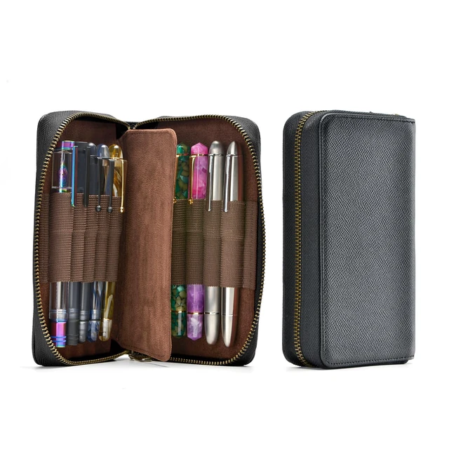 Alt view image 4 of 4 - Fountain Pen Case Genuine Leather Pen Case 10 Divided Slots Black, Rollerball Pen Holder Handmade Display Organizer Zippered Pouch
