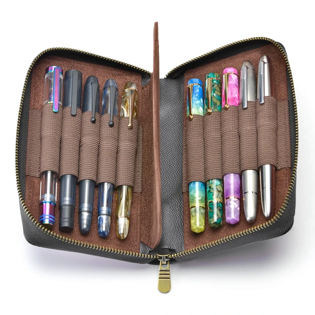 Alt view image 2 of 4 - Fountain Pen Case Genuine Leather Pen Case 10 Divided Slots Black, Rollerball Pen Holder Handmade Display Organizer Zippered Pouch