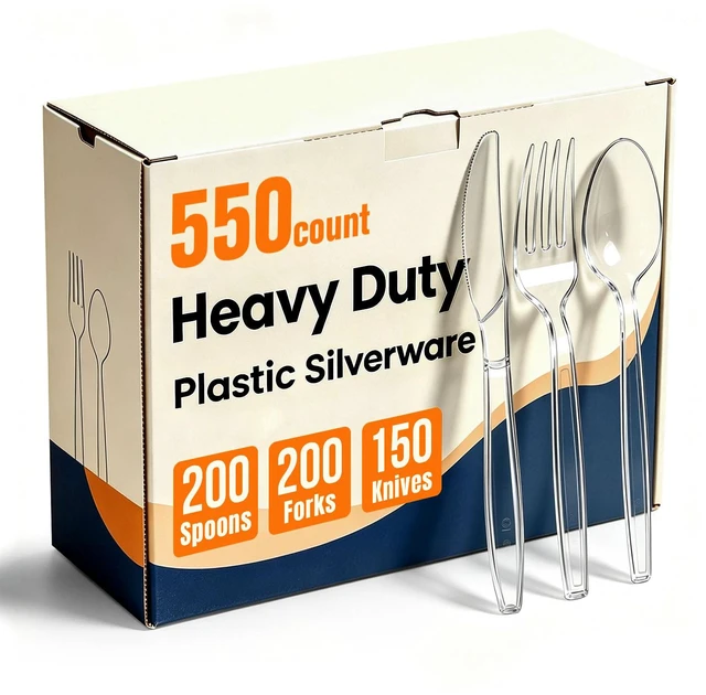 Main image of 550 Count Plastic Silverware Heavy Duty, 200 Forks, 200 Spoons, 150 Knives | Clear Disposable Plastic Utensils Set, BPA-Free, Heat Resistant Plastics Cutlery for Catering & Events, Daily