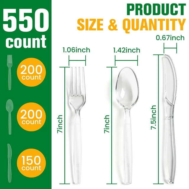 Alt view image 2 of 7 - 550 Count Plastic Silverware Heavy Duty, 200 Forks, 200 Spoons, 150 Knives | Clear Disposable Plastic Utensils Set, BPA-Free, Heat Resistant Plastics Cutlery for Catering & Events, Daily