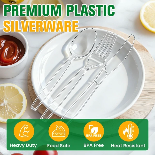 Alt view image 3 of 7 - 550 Count Plastic Silverware Heavy Duty, 200 Forks, 200 Spoons, 150 Knives | Clear Disposable Plastic Utensils Set, BPA-Free, Heat Resistant Plastics Cutlery for Catering & Events, Daily