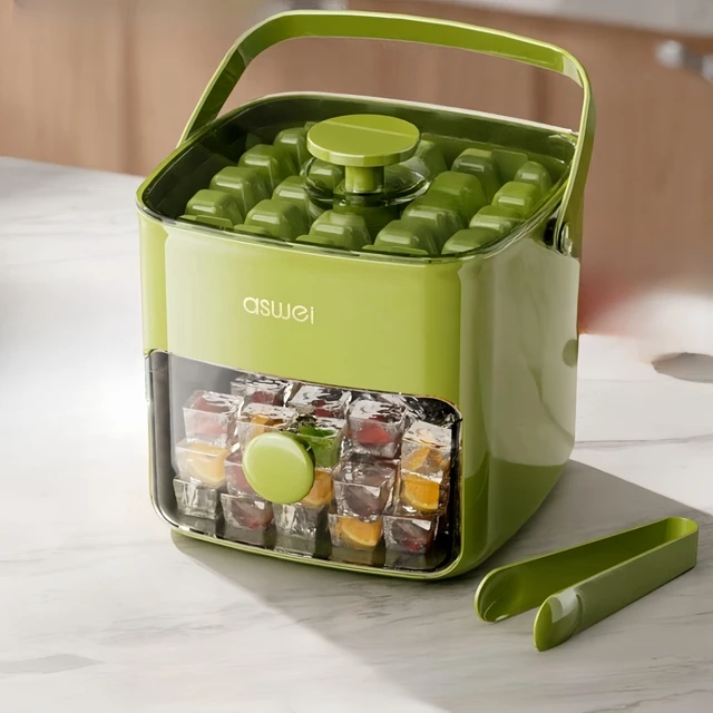 Alt view image 6 of 7 - Ice Cube Maker, Ice Cube Tray with Lid and Bin, Portable Ice Maker, Handled Press-Type Ice Cube Tray Double Layer for Freezer with Bucket Tongs, Small & Mini Ice Cube Trays, BPA-Free (Green)