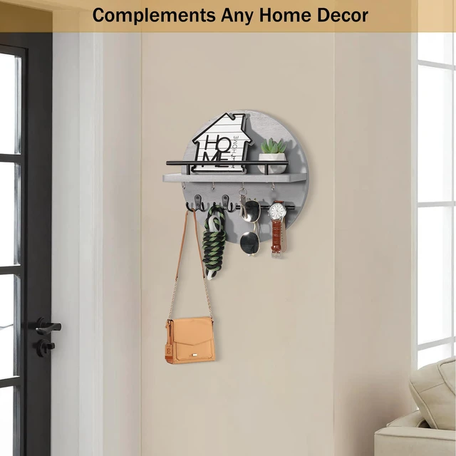 Alt view image 3 of 7 - Key Holder Wall Mount with Shelf and Hooks, Mail Organizer for Wall, Grey | Decorative Cute Circular Design Key Hanger, Wood Entryway Key Rack with Sunglasses Holder, Rustic Home Decor Boho Wall Decor