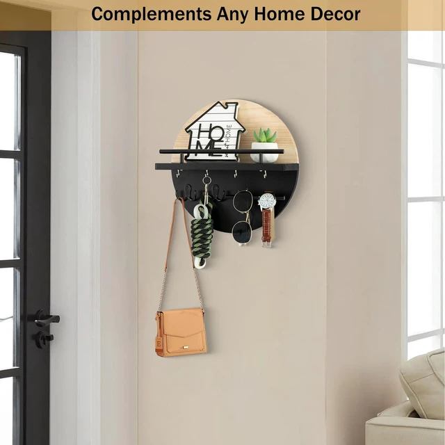 Alt view image 3 of 7 - Key Holder Wall Mount with Shelf and Hooks, Mail Organizer for Wall | Decorative Cute Circular Design Key Hanger, Wood Entryway Key Rack with Sunglasses Holder, Rustic Home Decor Boho Wall Decor