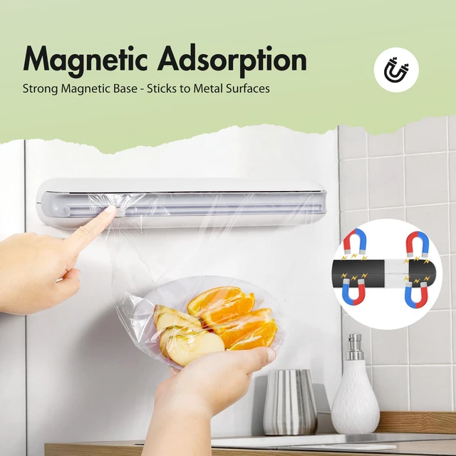 Alt view image 3 of 7 - Aluminum Foil & Plastic Wrap Dispenser with Cutter - Easy One-Hand Operation, Space-Saving Kitchen Organizer for Worktops & Cabinets, Magnetic Cling Film Dispenser - Fits 12" Rolls, Gray