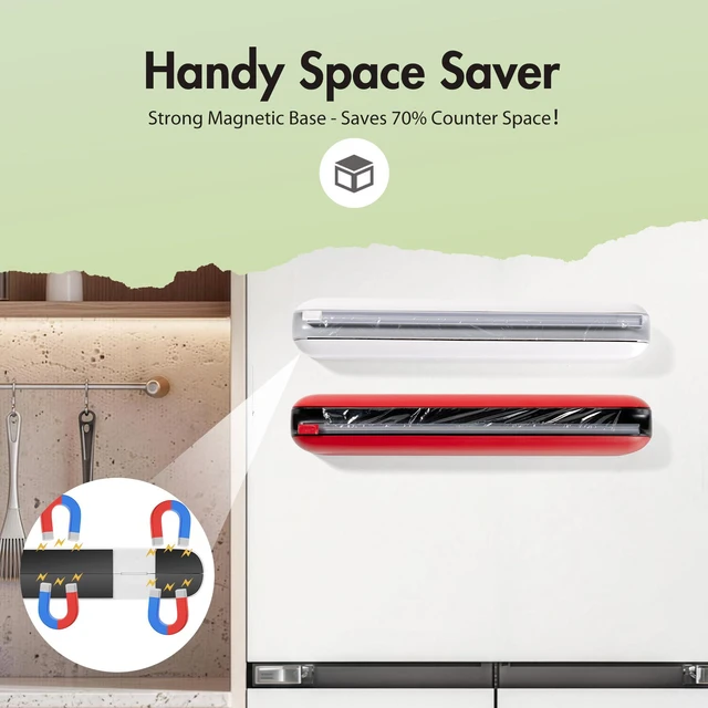 Alt view image 5 of 7 - Aluminum Foil & Plastic Wrap Dispenser with Cutter - Easy One-Hand Operation, Space-Saving Kitchen Organizer for Worktops & Cabinets, Magnetic Cling Film Dispenser - Fits 12" Rolls, Gray