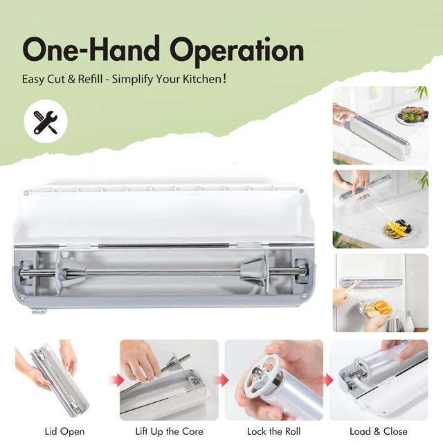 Alt view image 6 of 7 - Aluminum Foil & Plastic Wrap Dispenser with Cutter - Easy One-Hand Operation, Space-Saving Kitchen Organizer for Worktops & Cabinets, Magnetic Cling Film Dispenser - Fits 12" Rolls, Gray