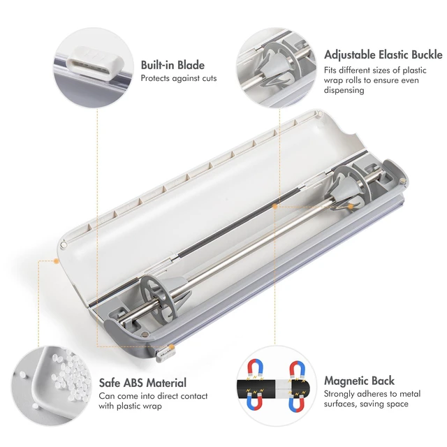 Alt view image 7 of 7 - Aluminum Foil & Plastic Wrap Dispenser with Cutter - Easy One-Hand Operation, Space-Saving Kitchen Organizer for Worktops & Cabinets, Magnetic Cling Film Dispenser - Fits 12" Rolls, Gray