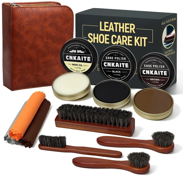Main image of 11PCS Shoe Polish Kit with Leather Storage Case Shoe Shine Kit Gift for Men | 4 Horsehair Shoe Brushes, Mink Oil, Black & Brown Shoe Polish, 3 Shine Cloths for Dress Shoes & Leather Boots Travel
