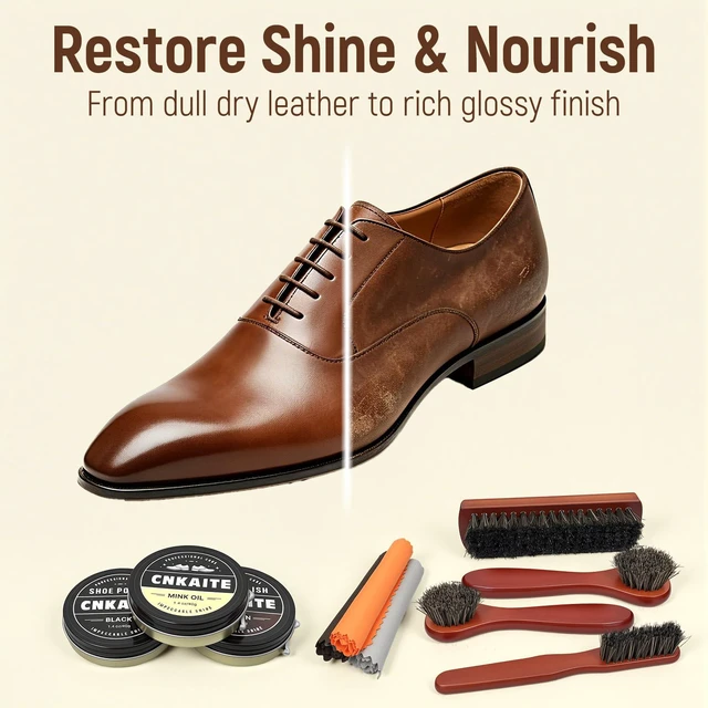 Alt view image 3 of 7 - 11PCS Shoe Polish Kit with Leather Storage Case Shoe Shine Kit Gift for Men | 4 Horsehair Shoe Brushes, Mink Oil, Black & Brown Shoe Polish, 3 Shine Cloths for Dress Shoes & Leather Boots Travel
