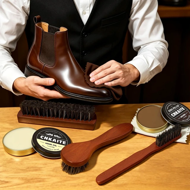 Alt view image 2 of 7 - 11PCS Shoe Polish Kit with Leather Storage Case Shoe Shine Kit Gift for Men | 4 Horsehair Shoe Brushes, Mink Oil, Black & Brown Shoe Polish, 3 Shine Cloths for Dress Shoes & Leather Boots Travel