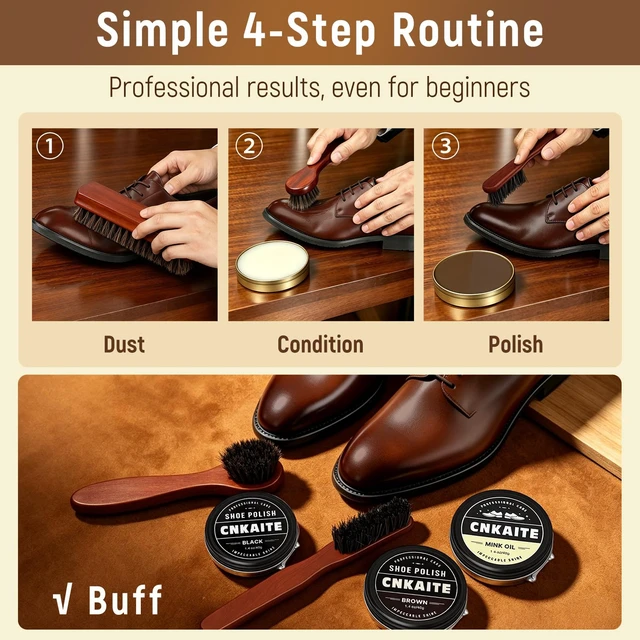 Alt view image 4 of 7 - 11PCS Shoe Polish Kit with Leather Storage Case Shoe Shine Kit Gift for Men | 4 Horsehair Shoe Brushes, Mink Oil, Black & Brown Shoe Polish, 3 Shine Cloths for Dress Shoes & Leather Boots Travel