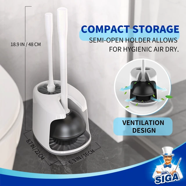 Alt view image 4 of 7 - Toilet Plunger and Brush with Holder for Toilet Cleaning, White | Heavy duty toilet brush and plunger set, plunger toilet brush combo