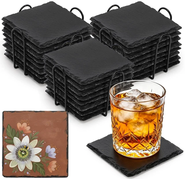 Main image of 24 Pieces Drink Coasters, 4 Inch Square Slate Stone Coaster with 3 Holders, Handmade Coasters Set for Bar Kitchen Home Decor