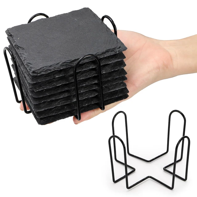 Alt view image 3 of 7 - 24 Pieces Drink Coasters, 4 Inch Square Slate Stone Coaster with 3 Holders, Handmade Coasters Set for Bar Kitchen Home Decor
