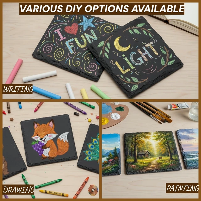 Alt view image 5 of 7 - 24 Pieces Drink Coasters, 4 Inch Square Slate Stone Coaster with 3 Holders, Handmade Coasters Set for Bar Kitchen Home Decor