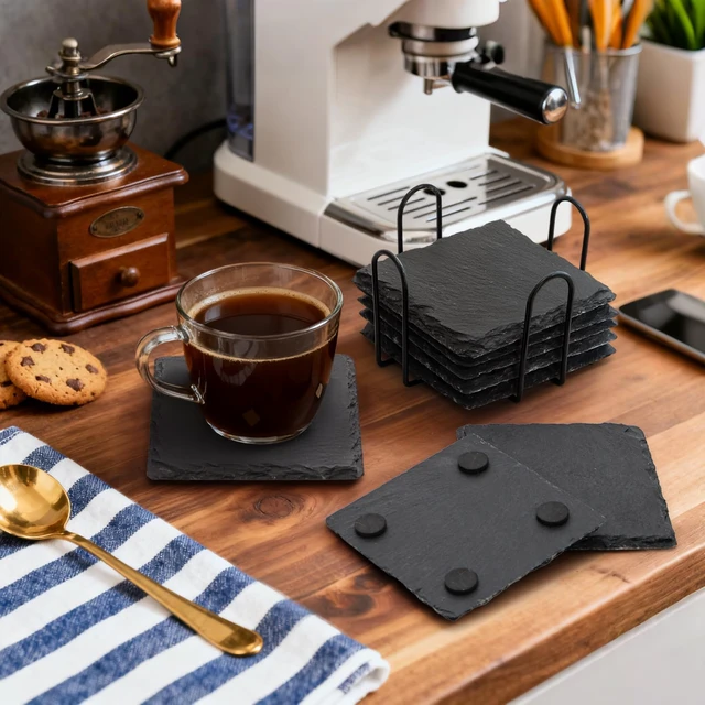 Alt view image 7 of 7 - 24 Pieces Drink Coasters, 4 Inch Square Slate Stone Coaster with 3 Holders, Handmade Coasters Set for Bar Kitchen Home Decor