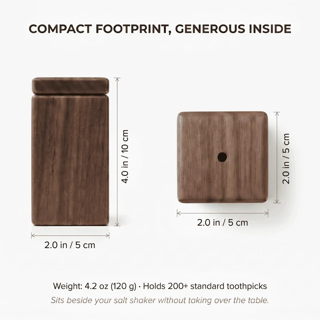 Alt view image 3 of 7 - Walnut Wood Toothpick Dispenser with Magnetic Lid, Toothpick Holder | Shake-to-Dispense, Holds 200+ Picks, Toothpicks Included, Fits Standard Round Picks, Top Refill, 1.77 x 1.77 x 3.54 Inches