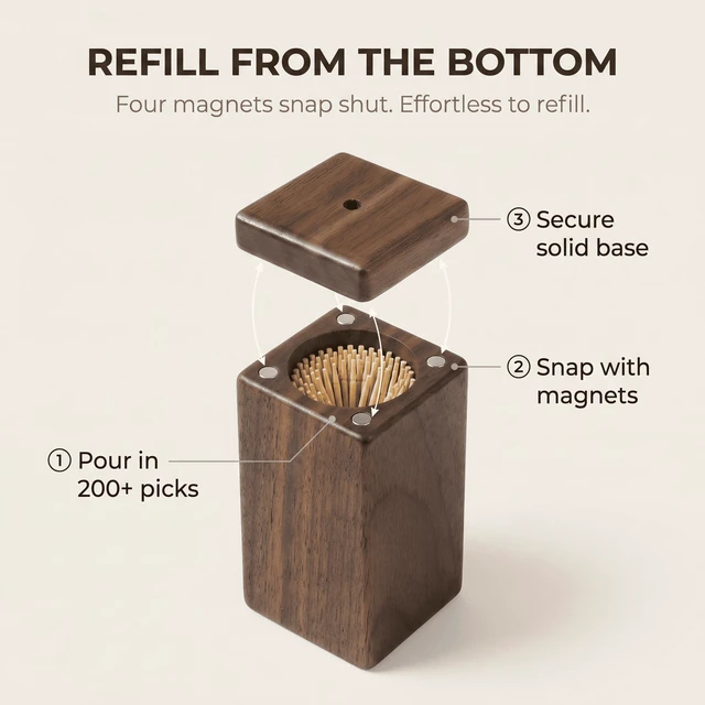 Alt view image 5 of 7 - Walnut Wood Toothpick Dispenser with Magnetic Lid, Toothpick Holder | Shake-to-Dispense, Holds 200+ Picks, Toothpicks Included, Fits Standard Round Picks, Top Refill, 1.77 x 1.77 x 3.54 Inches