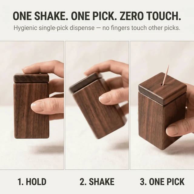 Alt view image 4 of 7 - Walnut Wood Toothpick Dispenser with Magnetic Lid, Toothpick Holder | Shake-to-Dispense, Holds 200+ Picks, Toothpicks Included, Fits Standard Round Picks, Top Refill, 1.77 x 1.77 x 3.54 Inches