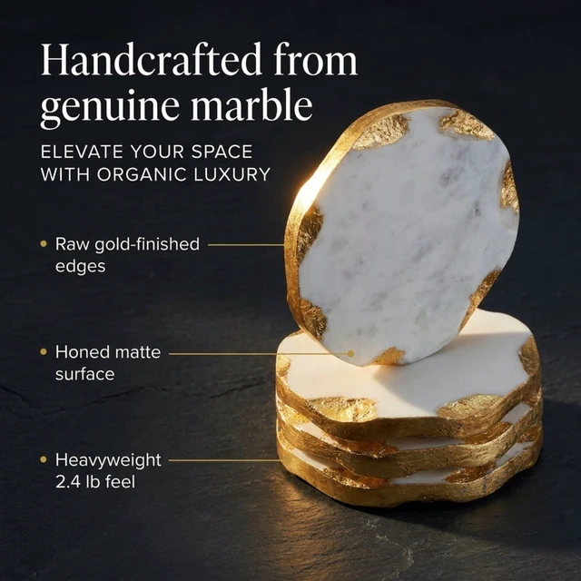 Alt view image 2 of 7 - Marble Coasters Set of 4, Round Gold Edge Drink Coasters for Table | Decorative Gold Coasters for Drinks, Luxury Marble Coaster Set, Table Protection, Elegant Coffee Table and Bar Decor