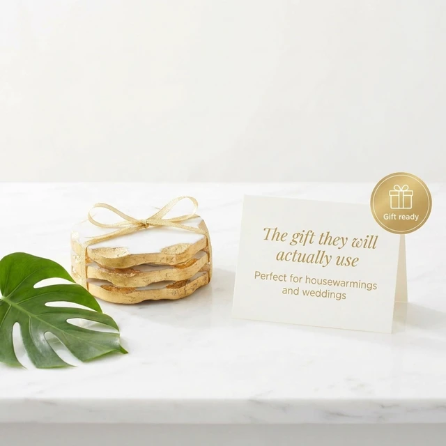 Alt view image 6 of 7 - Marble Coasters Set of 4, Round Gold Edge Drink Coasters for Table | Decorative Gold Coasters for Drinks, Luxury Marble Coaster Set, Table Protection, Elegant Coffee Table and Bar Decor