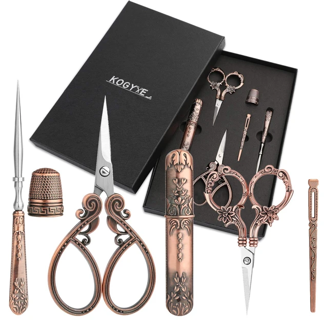 Main image of Embroidery Scissors Kits Include 2 Pairs Vintage Scissors | European Style Sewing Tools With Sewing Needle Case, Thimble, Threader, Complete Sewing Kit for Embroidery (Red Copper)