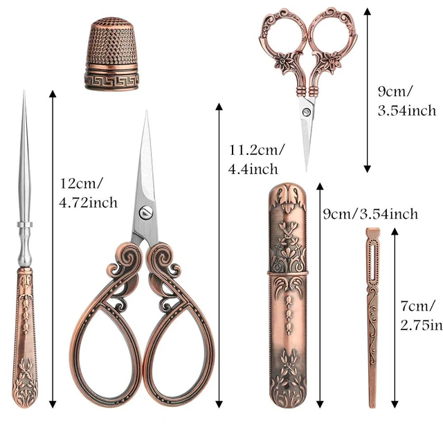 Alt view image 2 of 7 - Embroidery Scissors Kits Include 2 Pairs Vintage Scissors | European Style Sewing Tools With Sewing Needle Case, Thimble, Threader, Complete Sewing Kit for Embroidery (Red Copper)