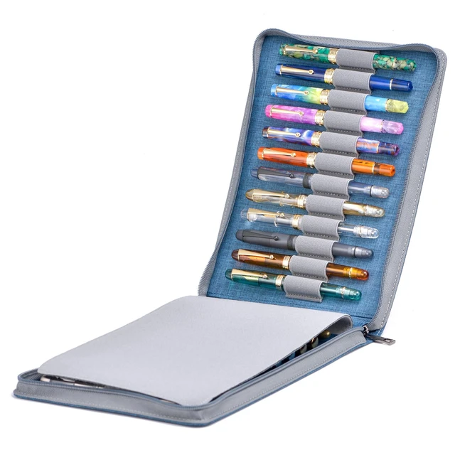 Alt view image 3 of 7 - 24 Fountain Pen Case Blue Organizer Bag - Premium Waterproof Canvas Pen Display Holder, Individual Slot Zippered Style Storage Case