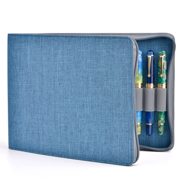 Alt view image 4 of 7 - 24 Fountain Pen Case Blue Organizer Bag - Premium Waterproof Canvas Pen Display Holder, Individual Slot Zippered Style Storage Case
