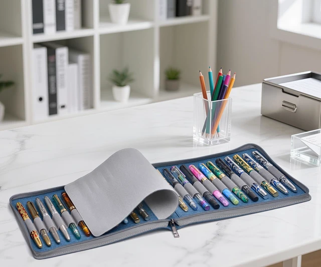 Alt view image 2 of 7 - 24 Fountain Pen Case Blue Organizer Bag - Premium Waterproof Canvas Pen Display Holder, Individual Slot Zippered Style Storage Case