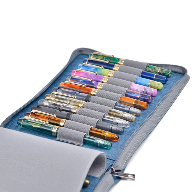 Alt view image 7 of 7 - 24 Fountain Pen Case Blue Organizer Bag - Premium Waterproof Canvas Pen Display Holder, Individual Slot Zippered Style Storage Case