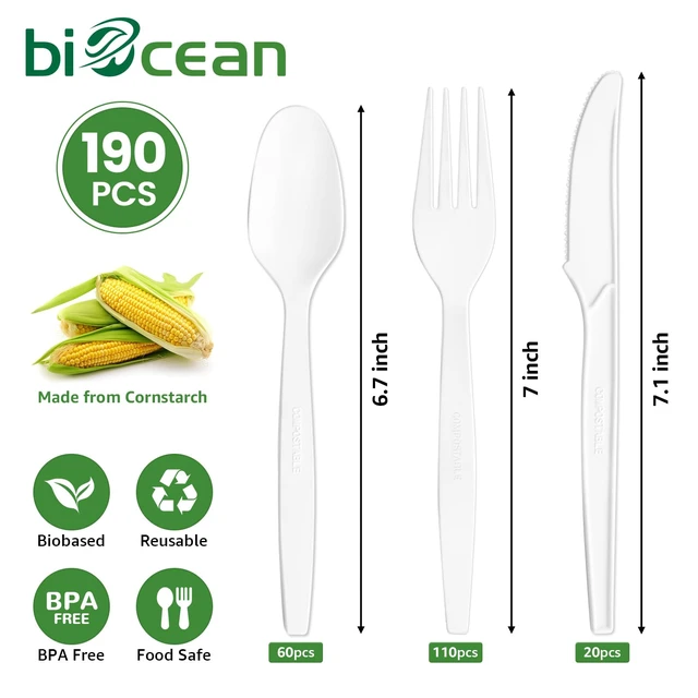 Alt view image 3 of 6 - Extra Heavyduty Compostable Cutlery Set - 190 Count Large Disposable Utensils No Plastic Forks Spoons Knives Biodegradable Fork Eco Friendly Silverware for Party,BBQ,Daily Use,Events,Picnic