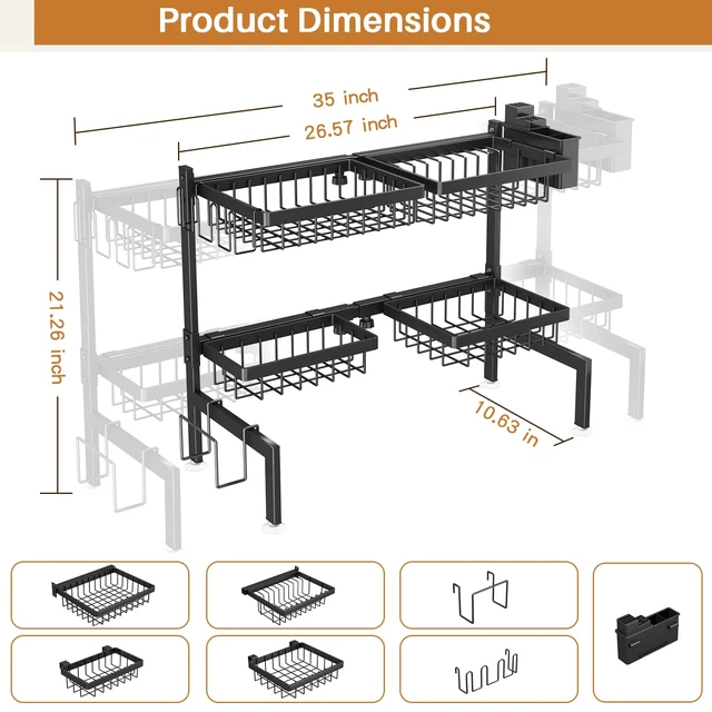 Alt view image 2 of 7 - Over The Sink Dish Drying Rack, Dish Drying Rack for Kitchen | 4 Baskets Extendable Large Capacity Sink Rack, Metal Drying Rack Saving Space,for Most Sinks (26.57"-35")