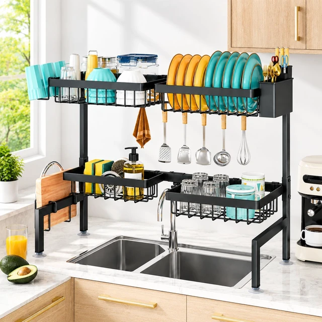 Alt view image 6 of 7 - Over The Sink Dish Drying Rack, Dish Drying Rack for Kitchen | 4 Baskets Extendable Large Capacity Sink Rack, Metal Drying Rack Saving Space,for Most Sinks (26.57"-35")