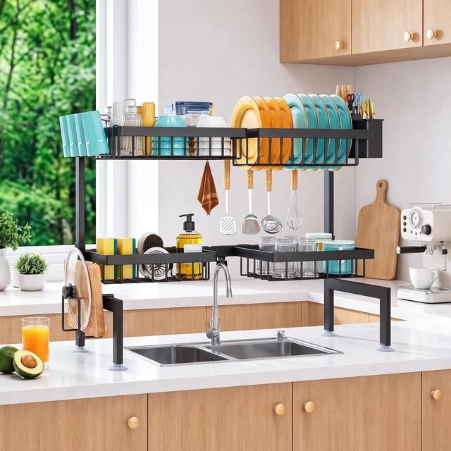 Alt view image 7 of 7 - Over The Sink Dish Drying Rack, Dish Drying Rack for Kitchen | 4 Baskets Extendable Large Capacity Sink Rack, Metal Drying Rack Saving Space,for Most Sinks (26.57"-35")
